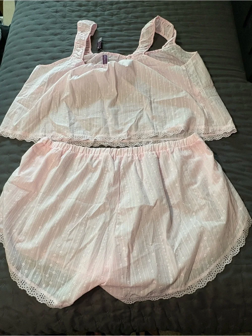 Adore Me Light Pink Eyelet Two-Piece Cotton Pajama Set